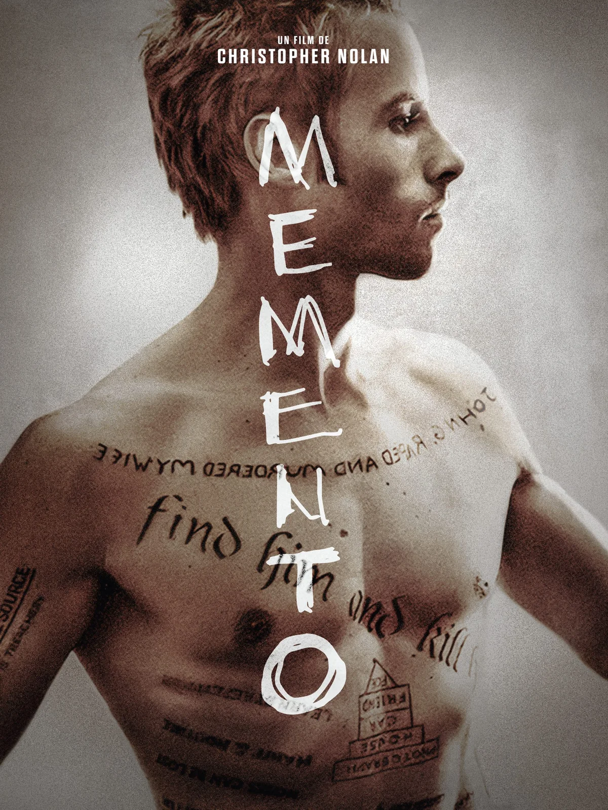 Promotional key art featuring Leonard and his tattooed records from Memento